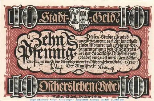 Notgeld Stadt Oschersleben 1028.1 , 10 Pfennig Schein in kfr. von 1920 , Sachsen Anhalt Seriennotgeld
