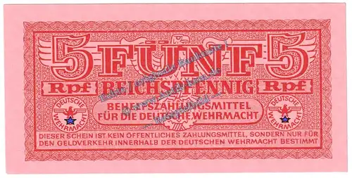 Banknote , 5 Pfennig Schein in kfr. DWM-3, Ros.502, M.33, deutsche Wehrmacht - 3.Reich