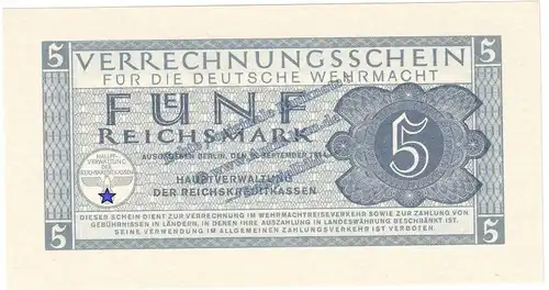 Banknote , 5 Mark Schein in kfr. DWM-9, Ros.51192, M.39, deutsche Wehrmacht - 3.Reich
