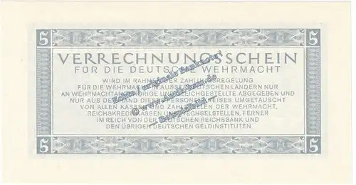 Banknote , 5 Mark Schein in kfr. DWM-9, Ros.51192, M.39, deutsche Wehrmacht - 3.Reich