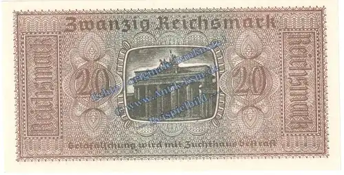 Banknote , 20 Reichsmark Schein in kfr. ZWK-5, Ros.554, P.139 , Drittes Reich o.D. Reichskreditkasse