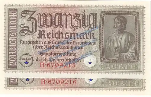 Banknote , 20 Reichsmark -2 x fortl. KN- in kfr. ZWK-5, Ros.554, P.139 , Drittes Reich o.D. Reichskreditkasse