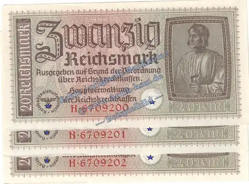 Banknote , 20 Reichsmark -3 x fortl. KN- in kfr. ZWK-5, Ros.554, P.139 , Drittes Reich o.D. Reichskreditkasse
