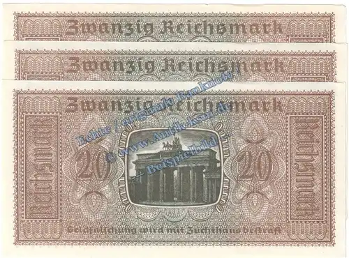 Banknote , 20 Reichsmark -3 x fortl. KN- in kfr. ZWK-5, Ros.554, P.139 , Drittes Reich o.D. Reichskreditkasse