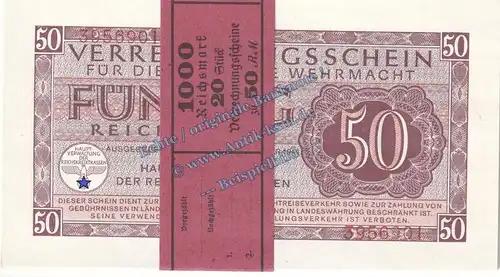 1 Bündel - 20 Scheine , 50 Mark Scheine in kfr. DWM-11, Ros.514, M.41 , deutsche Wehrmacht 1944 3.Reich