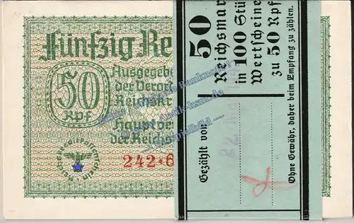 1 Bündel - 100 Scheine , 50 Pfennig Scheine in kfr. ZWK-1, Ros.550, R.135 , deutsche Besatzungsausgabe WW2