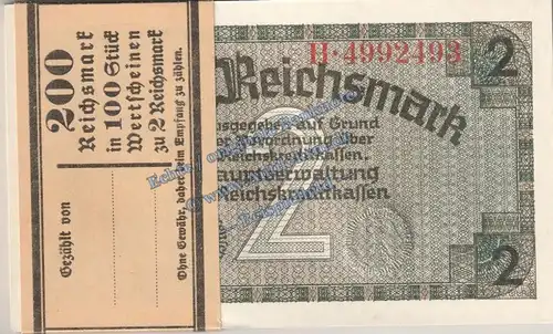 1 Bündel - 100 Scheine , 2 Mark Scheine in kfr. ZWK-3, Ros.552, R.137 , deutsche Besatzungsausgabe WW2