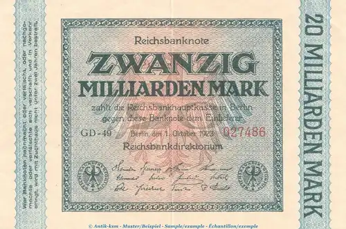 Reichsbanknote , 20 Milliarden Mark Schein in f.kfr. DEU-137.g, Ros.115, P.118 , vom 01.10.1923 , Weimarer Republik - Inflation