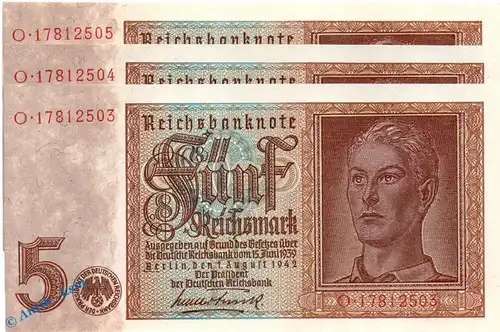 3 x Reichsbanknote , 5 Mark Schein , Kn fortlaufend , DEU-220 b , P 186 , vom 01.08.1942 , Reichbank drittes Reich