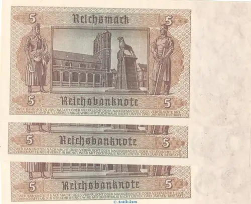 3 x Reichsbanknote , 5 Mark Schein , Kn fortlaufend , DEU-220 b , P 186 , vom 01.08.1942 , Reichbank drittes Reich