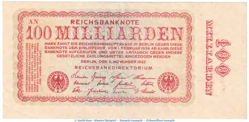 Reichsbanknote , 100 Milliarden Mark Schein kfr. DEU-161.a, Ros.130, P.133 vom 05.11.1923 , Weimarer Republik Inflation