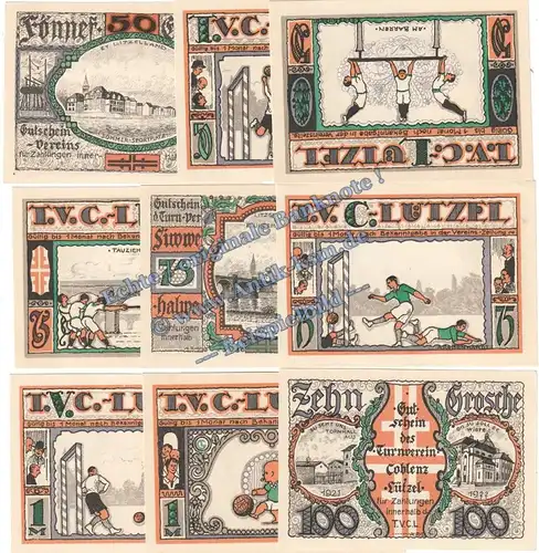 Coblenz , Notgeld T.V.C Set mit 9 Scheinen in kfr. M-G 234.1 , Rheinland o.D. Seriennotgeld