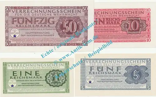 Banknoten , 4 Scheine in kfr. DWM-8-11, Ros.511-14, M.38-41, deutsche Wehrmacht - 3. Reich