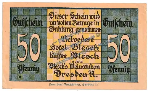 Dresden , Notgeld 50 Pfennig -Blesch- in kfr. M-G 290.1 , Sachsen o.D. Seriennotgeld