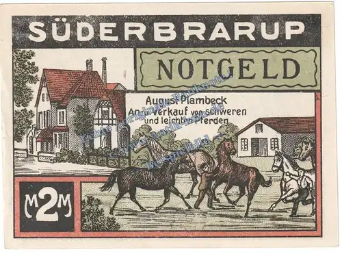 Süderbrarup , Notgeld 2 Mark Schein -Plambeck- in kfr. M-G 1296.1 , Schleswig o.D. Seriennotgeld
