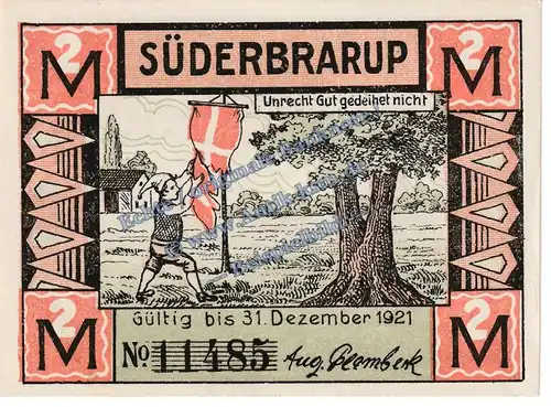 Süderbrarup , Notgeld 2 Mark Schein -Plambeck- in kfr. M-G 1296.1 , Schleswig o.D. Seriennotgeld