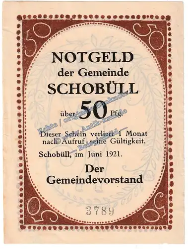 Schobüll , Notgeld 50 Pfennig -Hochformat- in kfr. M-G 1194.10 , Schleswig Holstein 1921 Seriennotgeld