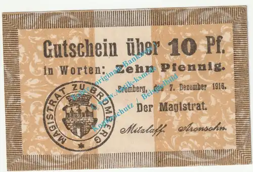 Bromberg , Notgeld 10 Pfennig Schein in kfr. Tieste 0955.05.05 , Posen 1916 Verkehrsausgabe