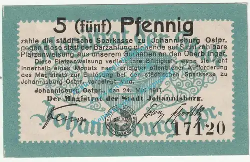 Johannisburg , Notgeld 5 Pfennig Schein in kfr. Tieste 3290.05.10 , Ostpreussen 1917 Verkehrsausgabe