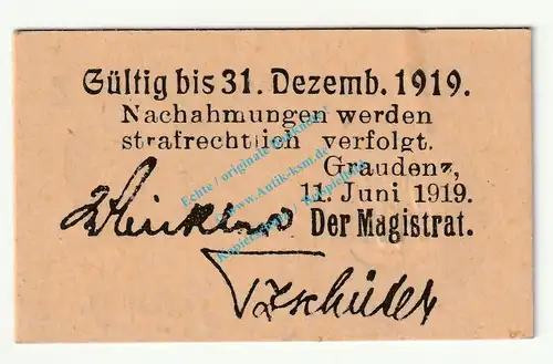 Graudenz , Notgeld 50 Pfennig Schein in kfr. Tieste 2430.05.16 , Westpreussen 1919 Verkehrsausgabe