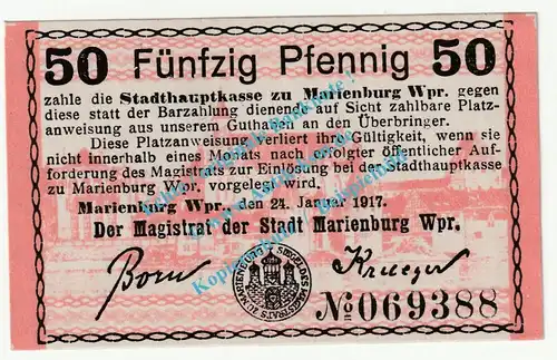 Marienburg , Notgeld 50 Pfennig Scheine in kfr. Tieste 4375.05.12 , Westpreussen 1917 Verkehrsausgabe
