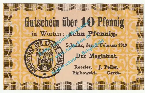 Schulitz , Notgeld 10 Pfennig Schein in kfr. Tieste 6710.05.10 , Posen 1919 Verkehrsausgabe