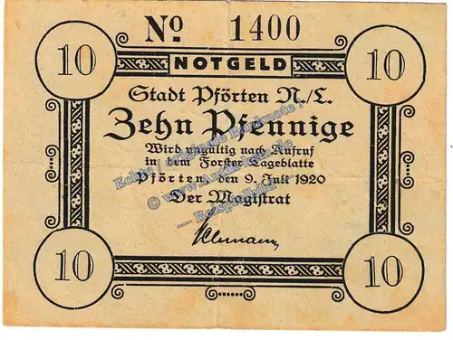 Pförten N.L , Notgeld 10 Pfennig Schein in gbr. Tieste 5590.05.01 , Brandenburg 1920 Verkehrsausgabe