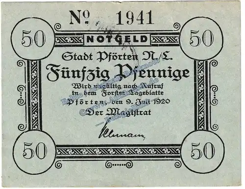 Pförten N.L , Notgeld 50 Pfennig Schein in f-kfr. Tieste 5590.05.02 , Brandenburg 1920 Verkehrsausgabe