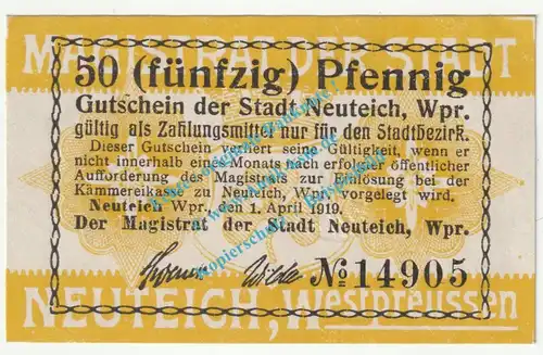 Neuteich , Notgeld 50 Pfennig Schein in kfr. Tieste 5010.05.16 , Westpreussen 1919 Verkehrsausgabe