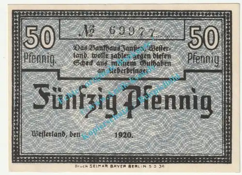 Westerland , Notgeld 50 Pfennig Schein in kfr. Tieste 7860.110.35 , Schleswig 1920 Verkehrsausgabe