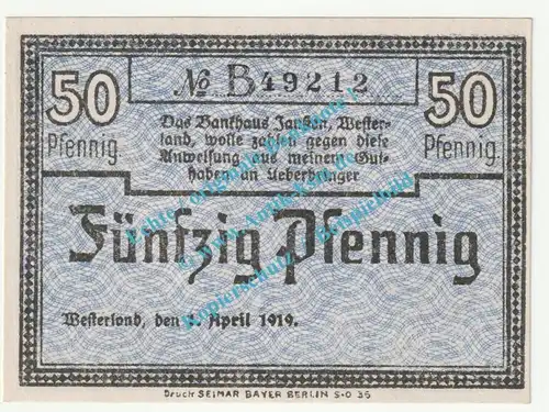 Westerland , Notgeld 50 Pfennig Schein in kfr. Tieste 7860.110.30 , Schleswig 1919 Verkehrsausgabe