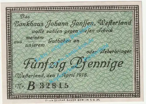 Westerland , Notgeld 50 Pfennig Schein in kfr. Tieste 7860.110.20 , Schleswig 1918 Verkehrsausgabe