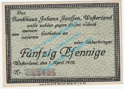 Westerland , Notgeld 50 Pfennig Schein in kfr. Tieste 7860.110.15 , Schleswig 1918 Verkehrsausgabe