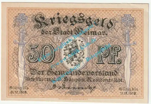 Weimar , Notgeld 50 Pfennig Schein in kfr. Tieste 7775.15.10 , Thüringen 1917 Verkehrsausgabe