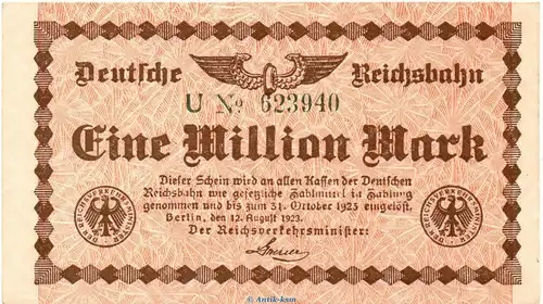 Banknote Reichsbahn , 1 Millionen Mark Schein in kfr. RVM-1.a , S.1011 , von 1923 , deutsche Reichsbahn - Inflation
