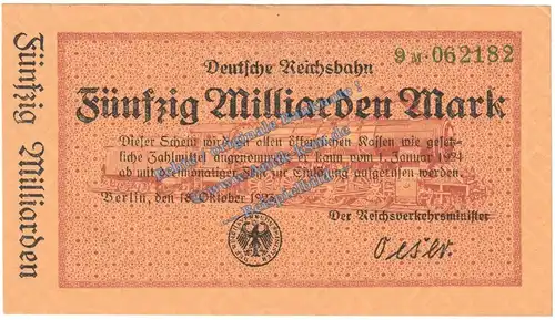 Banknote , 50 Milliarden Mark Schein in kfr. RVM-13 , S.1023 von 1923 , deutsche Reichsbahn - Inflation
