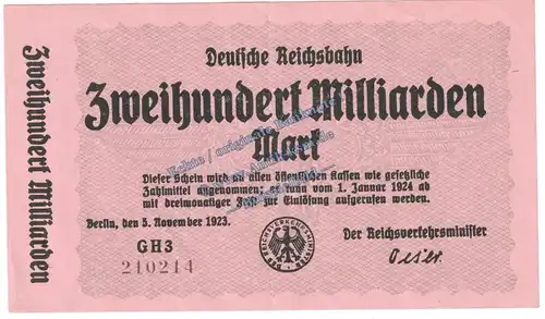Banknote , 200 Milliarden Mark Schein in f-kfr. RVM-20 , S.1025 von 1923 , deutsche Reichsbahn - Inflation
