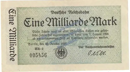 Banknote , 1 Milliarde Mark Schein in kfr. RVM-10 , S.1020 von 1923 , deutsche Reichsbahn - Inflation