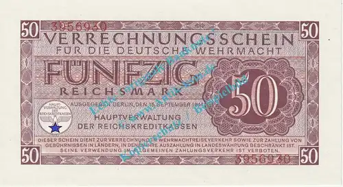 Banknote , 50 Mark Schein in kfr. DWM-11, Ros.514, M.41, deutsche Wehrmacht 1944 - 3. Reich