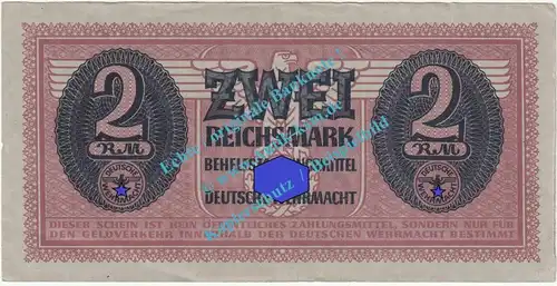 Banknote , 2 Mark Schein in f-kfr. DWM-7, Ros.506, M.37, deutsche Wehrmacht - 3. Reich -D