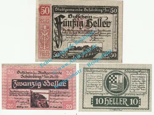 Schärding , Notgeld Set mit 3 Scheinen in kfr. K-K 951.I.a-b , Oberösterreich 1920
