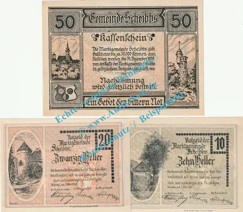 Scheibbs , Notgeld Set mit 3 Scheinen in kfr. K-K 957.II , Niederösterreich 1920