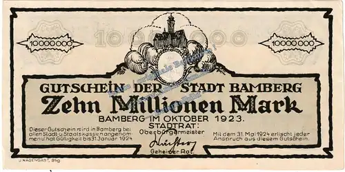 Bamberg , Banknote 10 Millionen Mark MUSTER-Schein in kfr. Keller 225.e , Bayern 1923 Grossnotgeld - Inflation