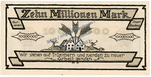 Bamberg , Banknote 10 Millionen Mark MUSTER-Schein in kfr. Keller 225.e , Bayern 1923 Grossnotgeld - Inflation