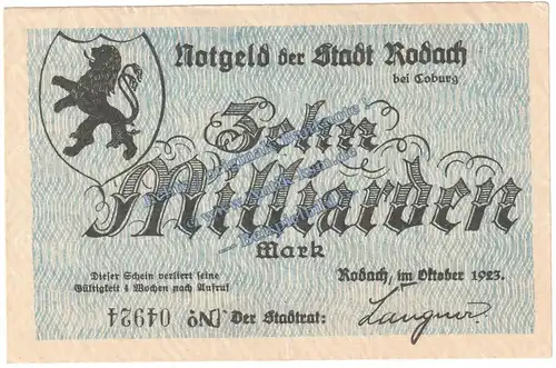 Rodach , Banknote 10 Milliarden Mark Schein in L-gbr. Keller 4592.c , Bayern 1923 Grossnotgeld - Inflation