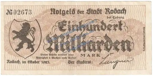 Rodach , Banknote 100 Milliarden Mark Schein in gbr. Keller 4592.e , Bayern 1923 Grossnotgeld - Inflation