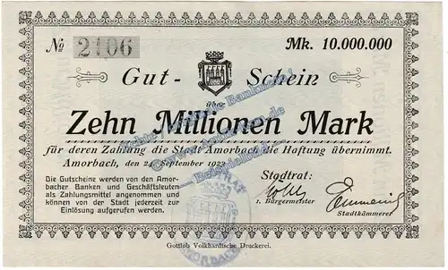 Amorbach , Banknote 10 Millionen Mark Schein in kfr. Keller 96.c , Bayern 1923 Grossnotgeld - Inflation