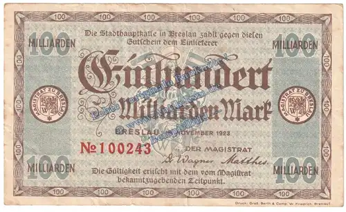 Breslau , Banknote 100 Milliarden Mark Schein in gbr. Keller 602.h Schlesien 1923 Grossnotgeld Inflation