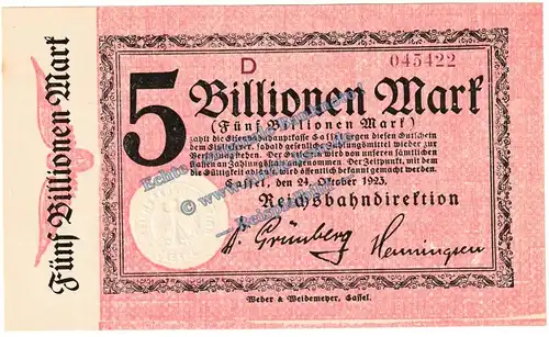 Cassel-Kassel , Banknote 5 Billionen Mark Schein in kfr. Keller 731.k , Hessen 1923 Grossnotgeld - Inflation