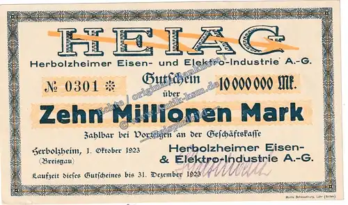 Herbolzheim , Banknote 10 Millionen Mark Schein in kfr. Keller 2323.a , Baden 1923 Grossnotgeld - Inflation